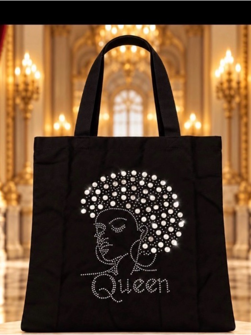 Black Rhinestone 'Queen' Tote Bag for Women